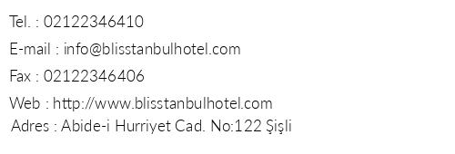 Blisstanbul Hotel telefon numaralar, faks, e-mail, posta adresi ve iletiim bilgileri